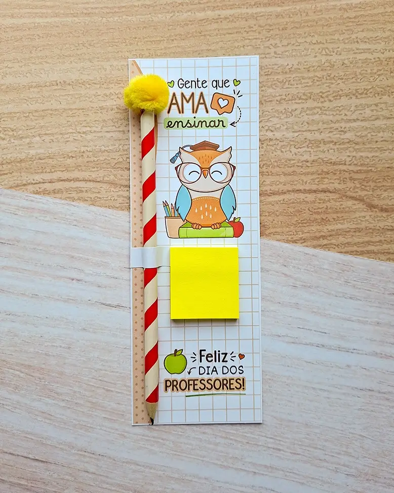 Card Lápis com Pompom e Notas Adesivas - Dia dos Professores