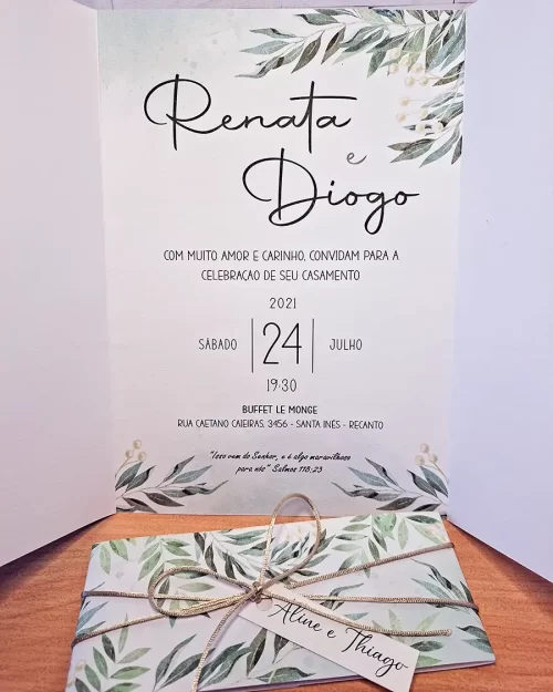 Convite Casamento Branco e Verde Folhagem