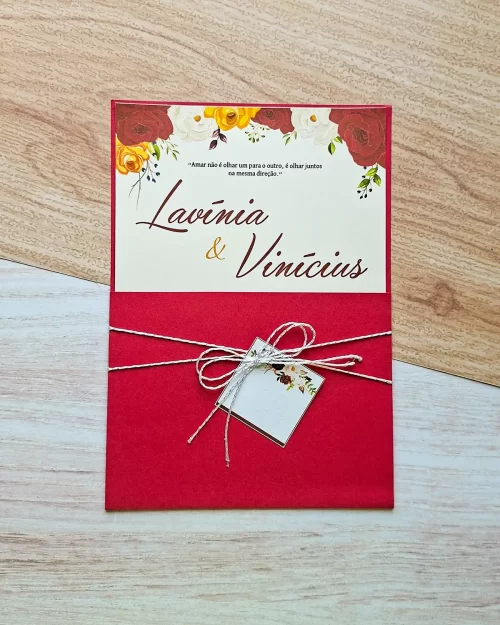 Convite Casamento Vermelho e Prata Floral